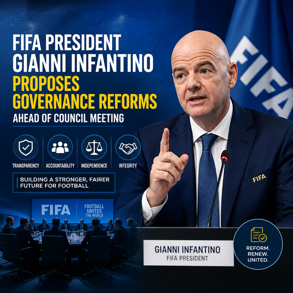 FIFA President Gianni Infantino speaking at a podium, proposing governance reforms on transparency and integrity.