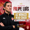 Filipe Luís wearing AS Monaco gear, standing and smiling, appointed as AS Monaco head coach until 2028.