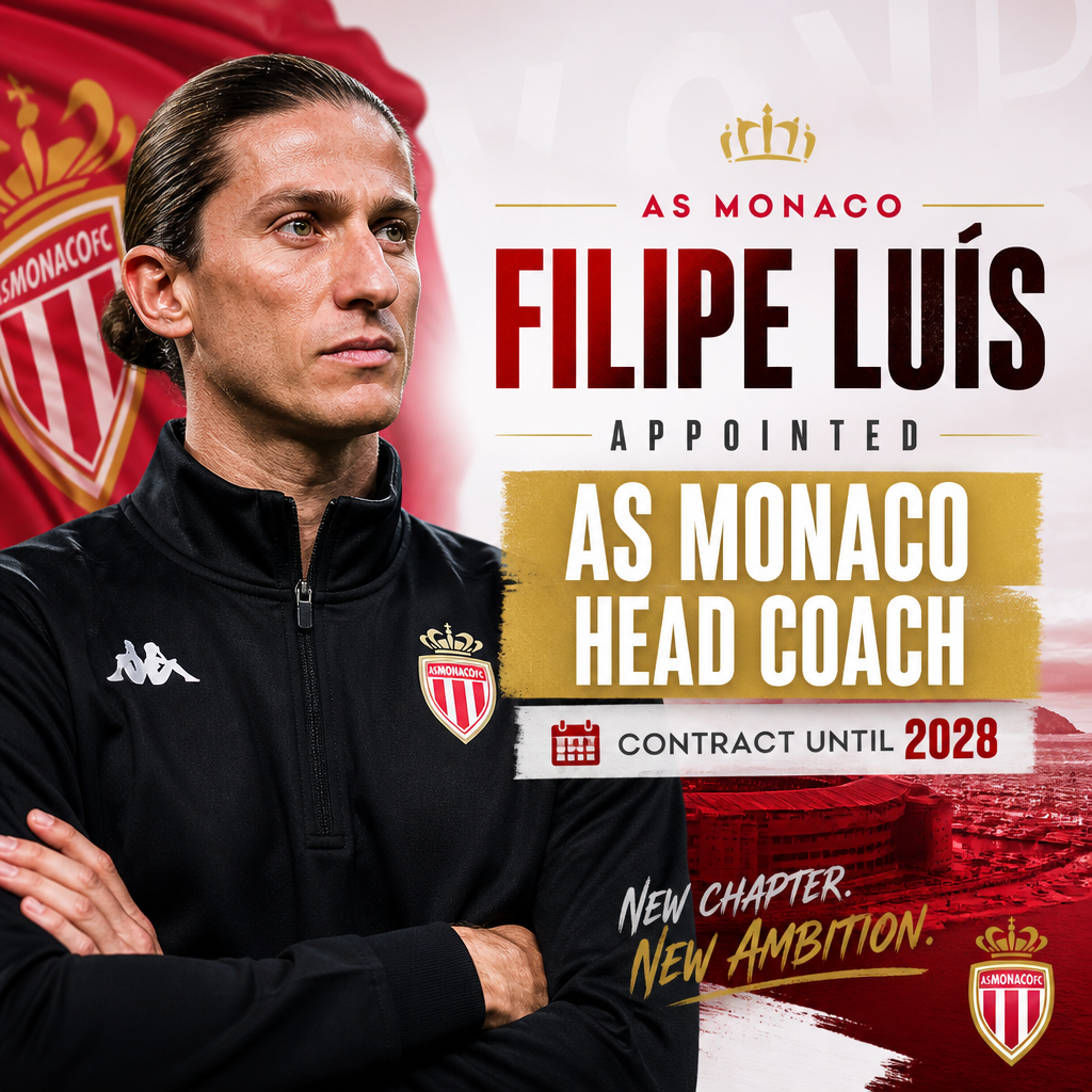 Filipe Luís wearing AS Monaco gear, standing and smiling, appointed as AS Monaco head coach until 2028.
