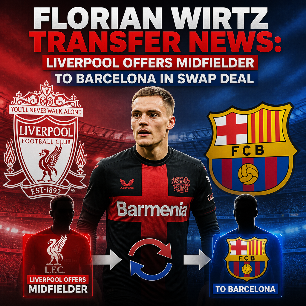 Florian Wirtz in Bayer Leverkusen jersey, with Liverpool and Barcelona logos in the background.