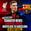 Liverpool and Barcelona logos with Florian Wirtz in midfield jersey, symbolizing transfer swap deal talks.