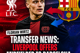 Liverpool and Barcelona logos with Florian Wirtz in midfield jersey, symbolizing transfer swap deal talks.