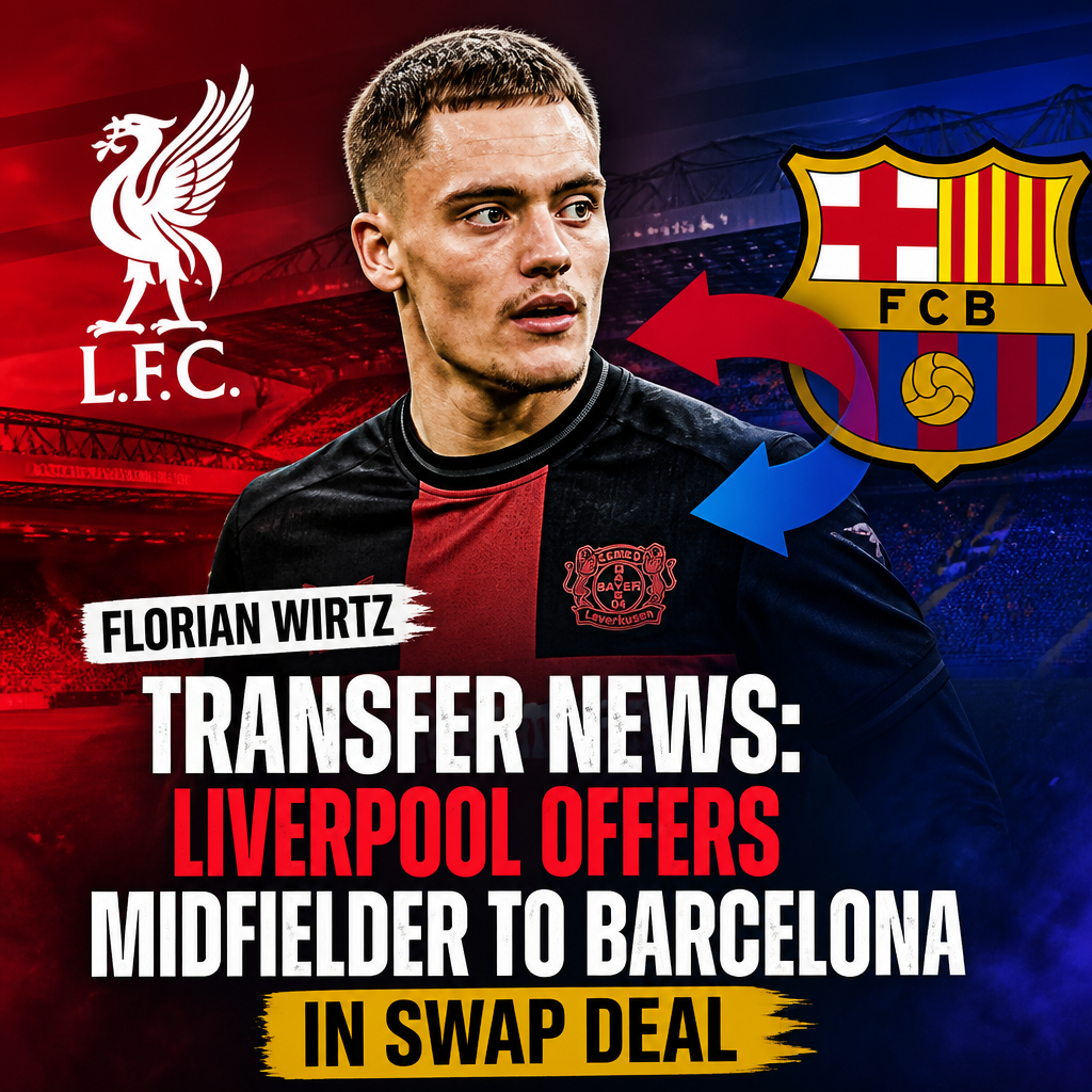 Liverpool and Barcelona logos with Florian Wirtz in midfield jersey, symbolizing transfer swap deal talks.