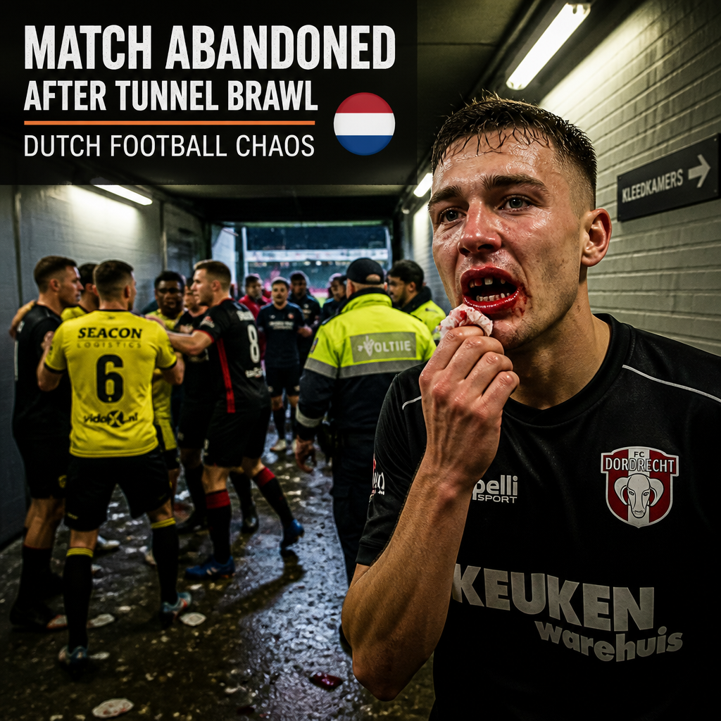 Players and referees in orange and green kits on a football pitch during a tense match in the Netherlands.