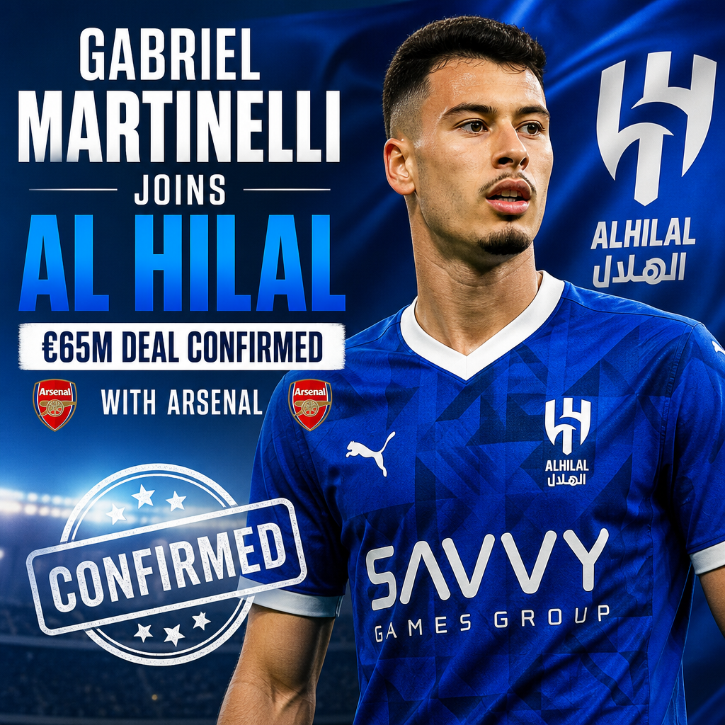 Gabriel Martinelli in Al Hilal jersey celebrating his €65 million transfer from Arsenal.