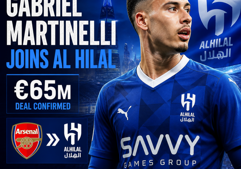 Gabriel Martinelli in an Al Hilal jersey, celebrating his transfer from Arsenal in a €65 million deal.
