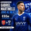 Gabriel Martinelli in an Al Hilal jersey, celebrating his transfer from Arsenal in a €65 million deal.