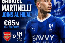 Gabriel Martinelli in an Al Hilal jersey, celebrating his transfer from Arsenal in a €65 million deal.