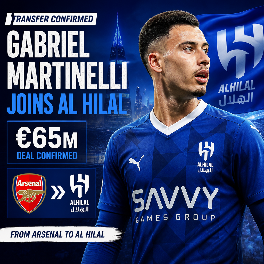 Gabriel Martinelli in an Al Hilal jersey, celebrating his transfer from Arsenal in a €65 million deal.