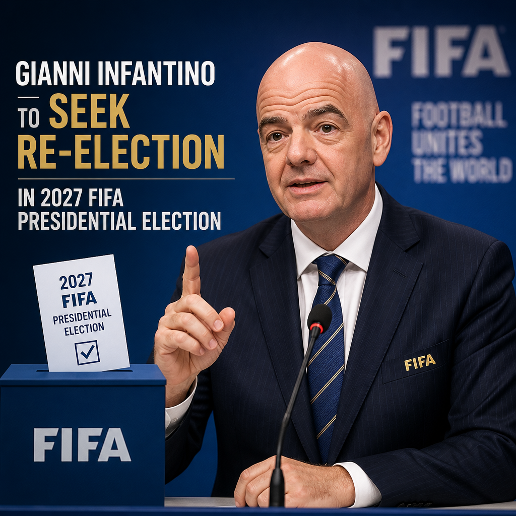 Gianni Infantino speaking at a podium with FIFA branding, announcing his 2027 presidential re-election bid.