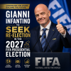Gianni Infantino speaking at a podium with FIFA backdrop, announcing his bid for 2027 FIFA president re-election.