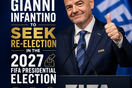 Gianni Infantino speaking at a podium with FIFA backdrop, announcing his bid for 2027 FIFA president re-election.