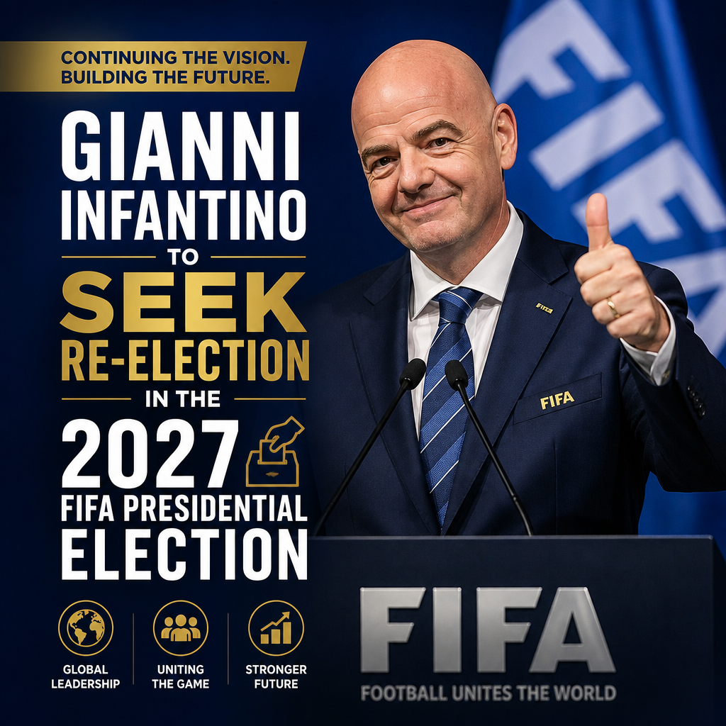 Gianni Infantino speaking at a podium with FIFA backdrop, announcing his bid for 2027 FIFA president re-election.