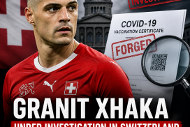 Granit Xhaka speaking to media, facing investigation in Switzerland for forged COVID-19 vaccine certificate.