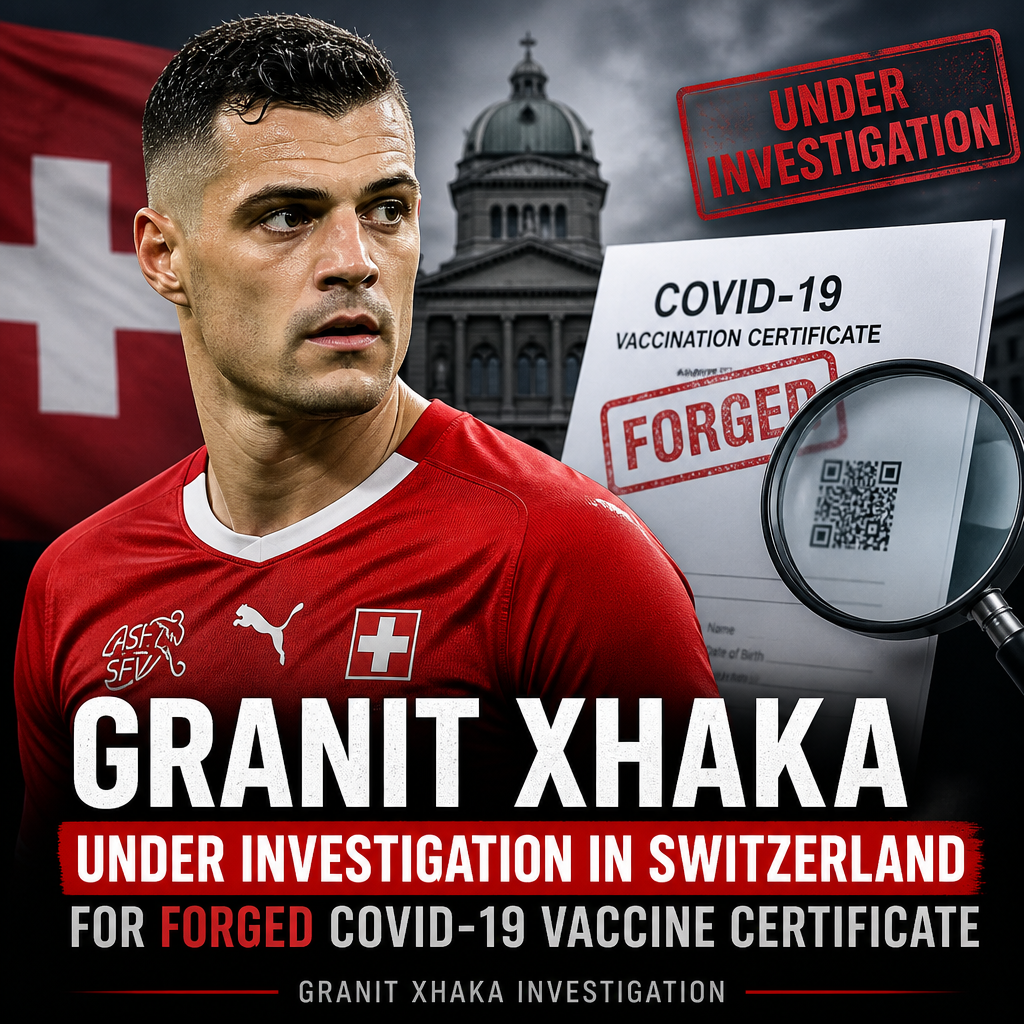 Granit Xhaka speaking to media, facing investigation in Switzerland for forged COVID-19 vaccine certificate.