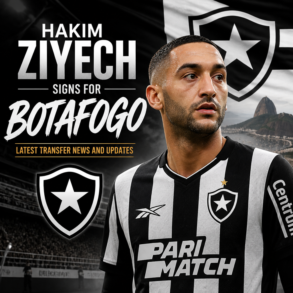 Hakim Ziyech signs with Botafogo, smiling and wearing the team's jersey during the official announcement.