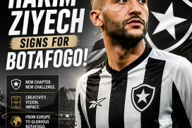Hakim Ziyech signing a contract with Botafogo officials in a football transfer event.