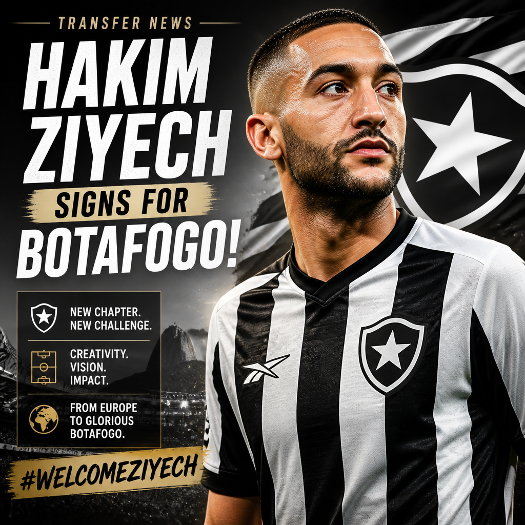 Hakim Ziyech signing a contract with Botafogo officials in a football transfer event.