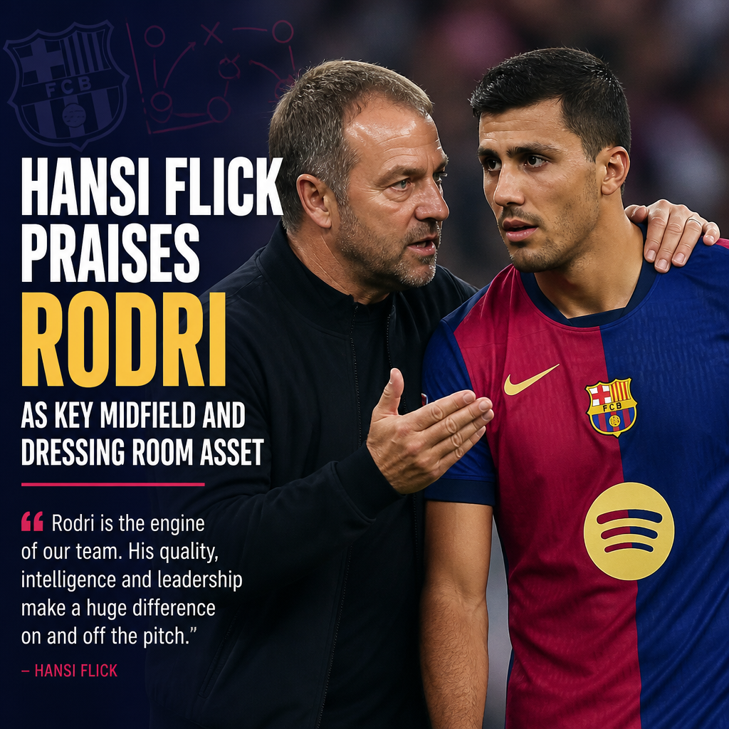 Hansi Flick speaking at a press conference, praising Rodri’s role as a key midfielder for FC Barcelona.