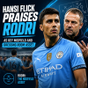 Hansi Flick speaking at a press conference, praising Rodri's role in Manchester City's midfield and team spirit.