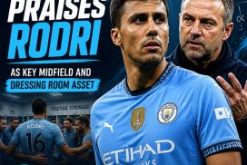 Hansi Flick speaking at a press conference, praising Rodri's role in Manchester City's midfield and team spirit.