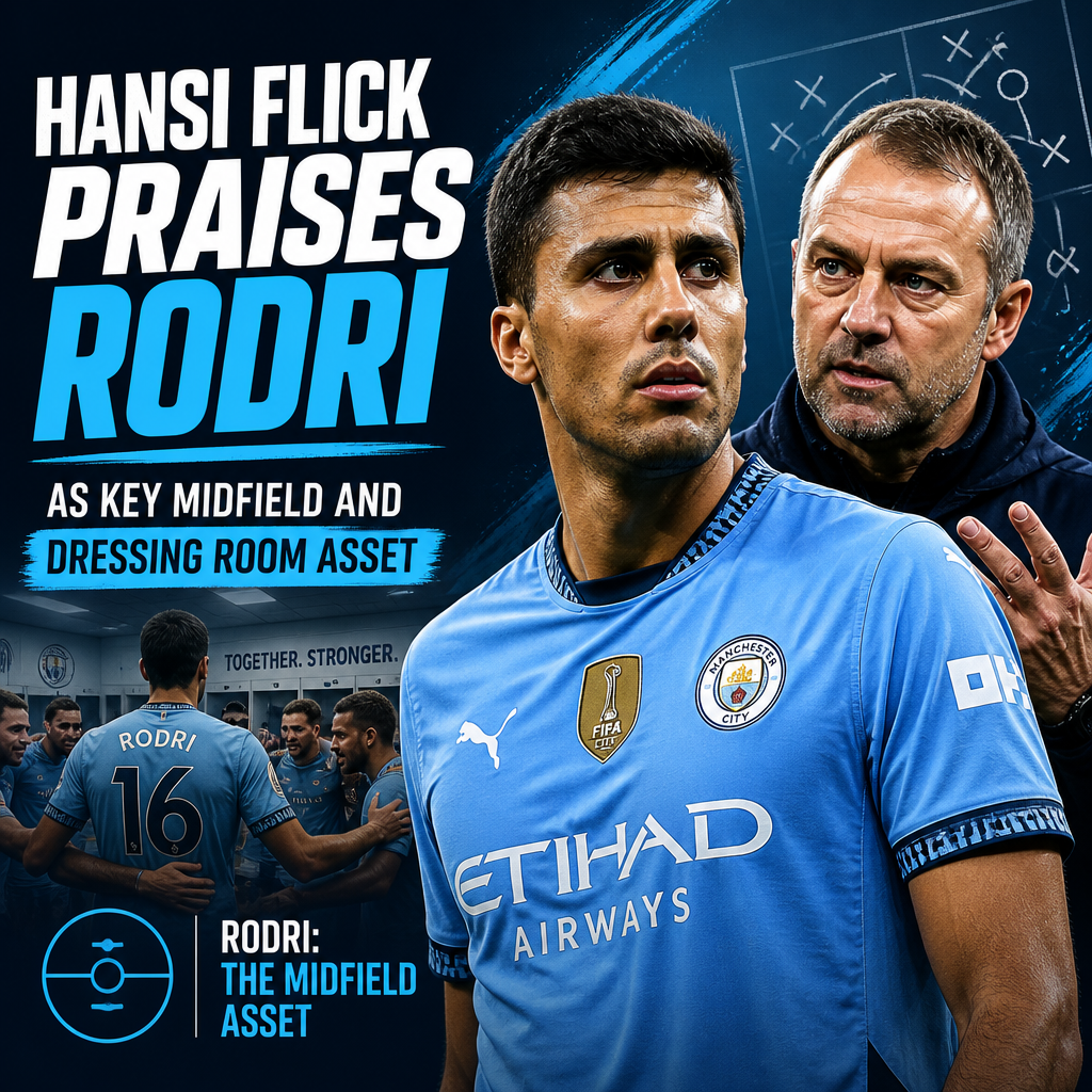 Hansi Flick speaking at a press conference, praising Rodri's role in Manchester City's midfield and team spirit.
