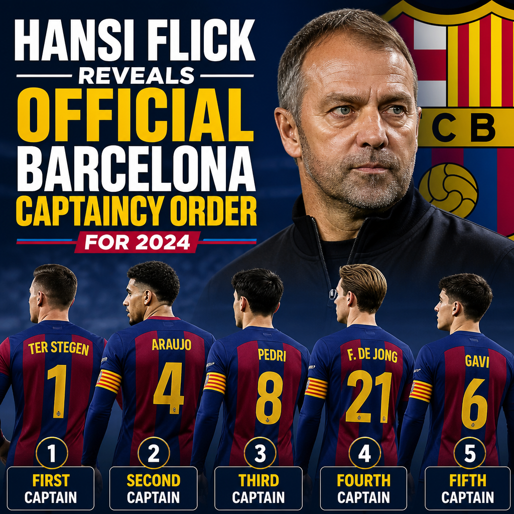 Hansi Flick announces Barcelona's 2024 captaincy order, with Ter Stegen as the first captain.