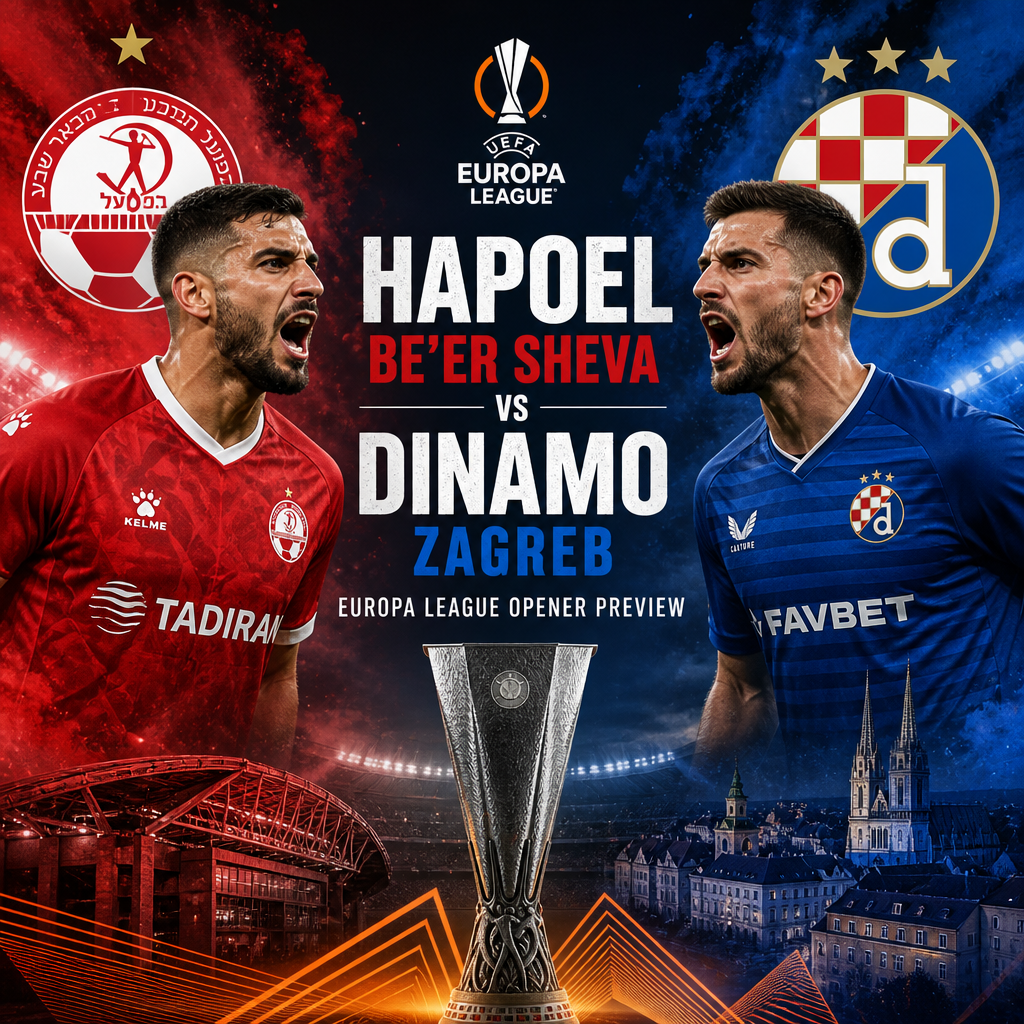 Hapoel Be'er Sheva and Dinamo Zagreb players facing off with team logos for UEFA Europa League opener.