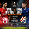 Logos of Hapoel Be'er Sheva and Dinamo Zagreb with a stadium backdrop for UEFA Europa League opener preview.