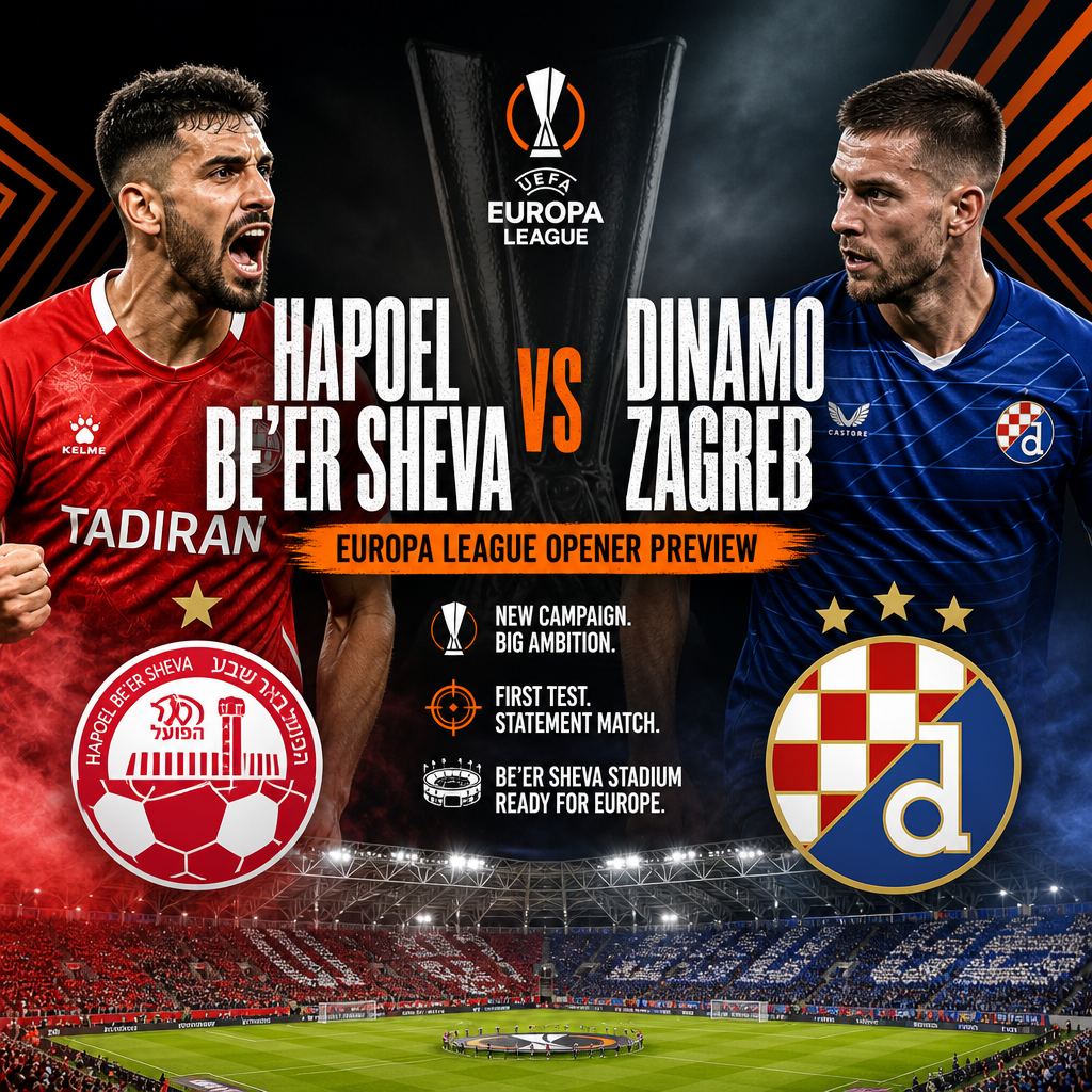 Logos of Hapoel Be'er Sheva and Dinamo Zagreb with a stadium backdrop for UEFA Europa League opener preview.