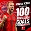Harry Kane celebrating his record as the fastest player to score 100 Bundesliga goals for Bayern Munich.