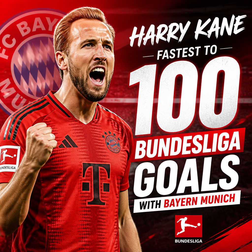 Harry Kane celebrating his record as the fastest player to score 100 Bundesliga goals for Bayern Munich.