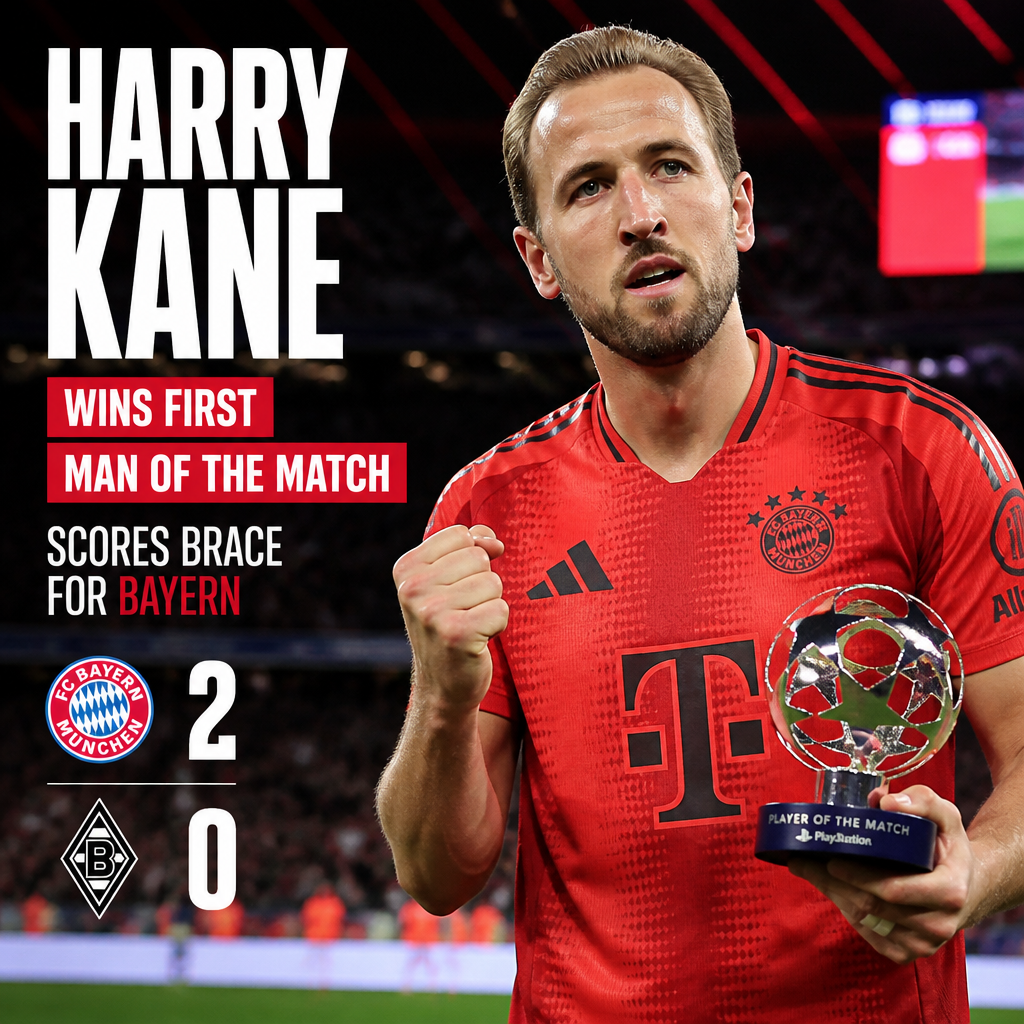Harry Kane holding the Man of the Match trophy after scoring twice for Bayern Munich against Borussia Mönchengladbach.