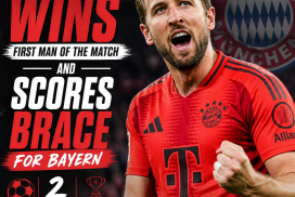 Harry Kane celebrating after scoring two goals and winning Man of the Match for Bayern Munich.