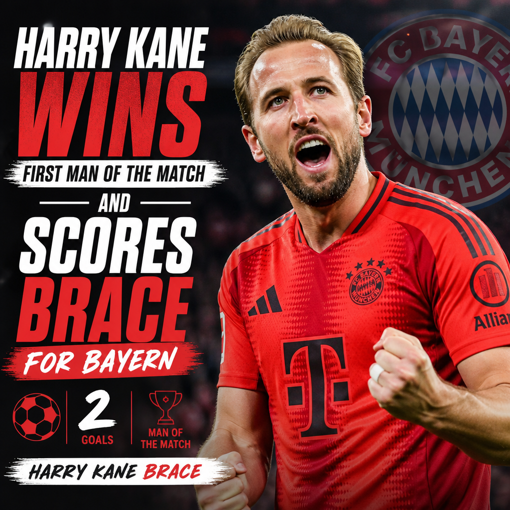 Harry Kane celebrating after scoring two goals and winning Man of the Match for Bayern Munich.