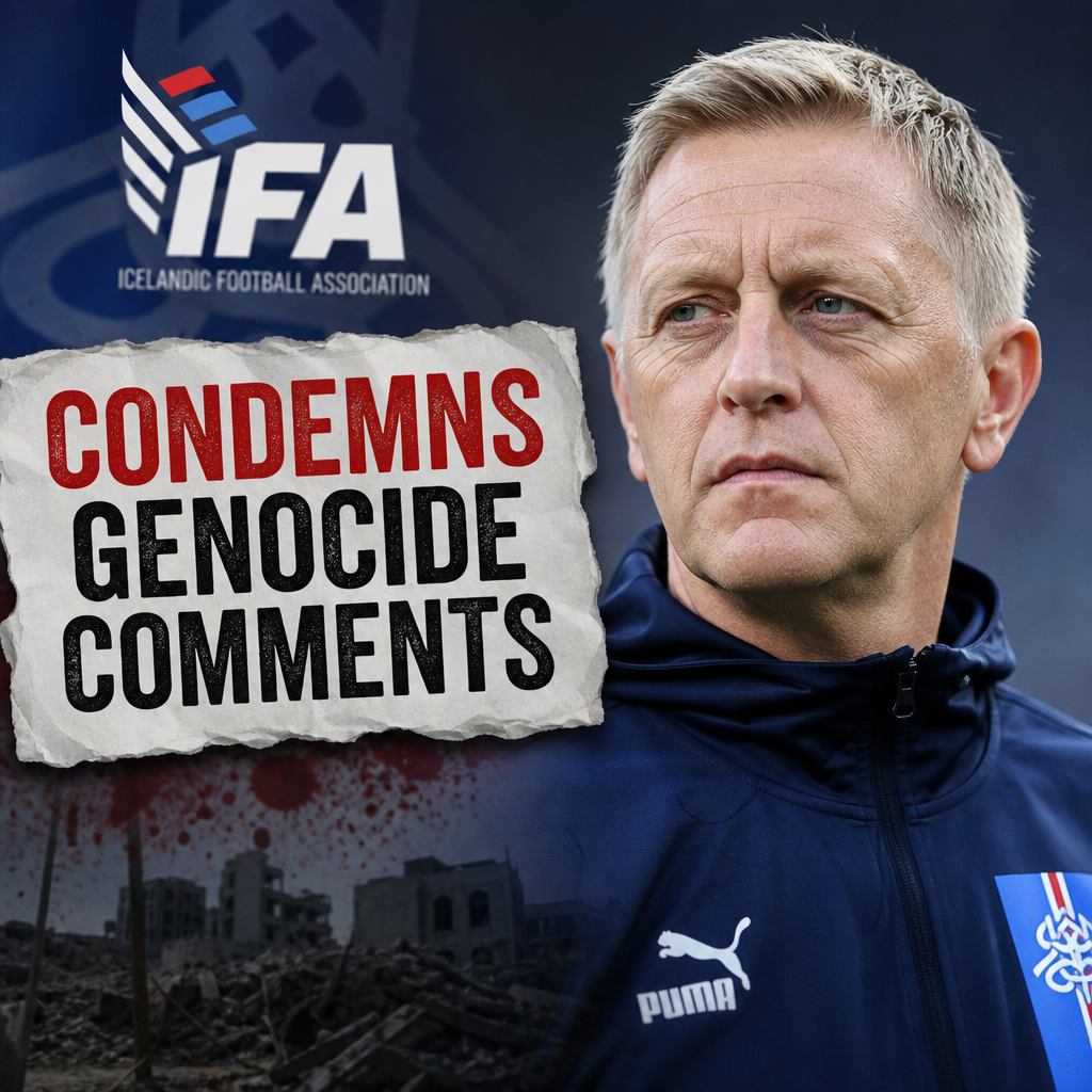 Serious man in sportswear, Icelandic Football Association condemns controversial genocide comments.