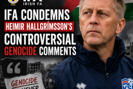 Protesters holding signs condemning Heimir Hallgrímsson's comments and opposing genocide.