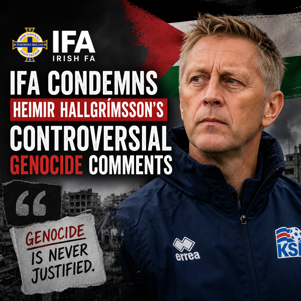 Protesters holding signs condemning Heimir Hallgrímsson's comments and opposing genocide.