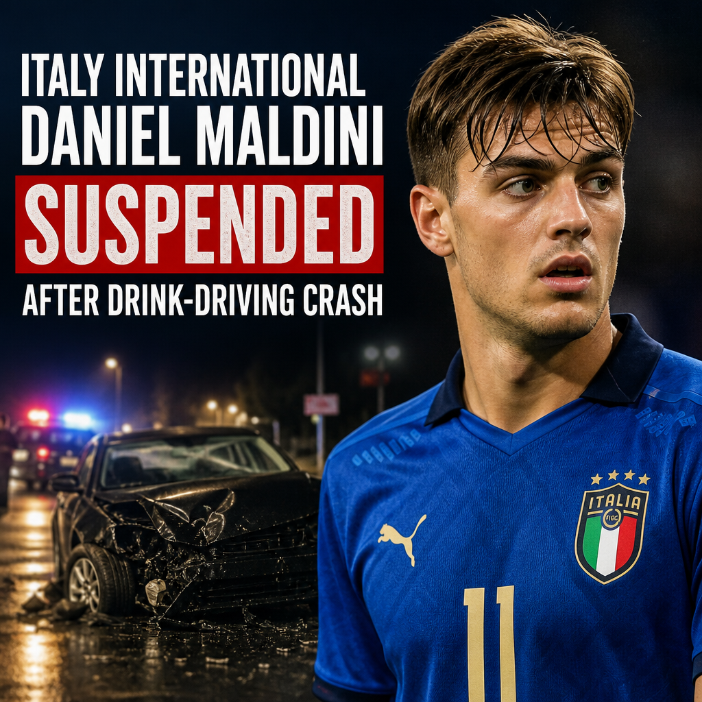 Portrait of Daniel Maldini in AC Milan jersey looking serious on the field.