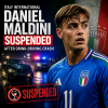 Italy international footballer Daniel Maldini in AC Milan jersey, facing suspension after a drink-driving incident.