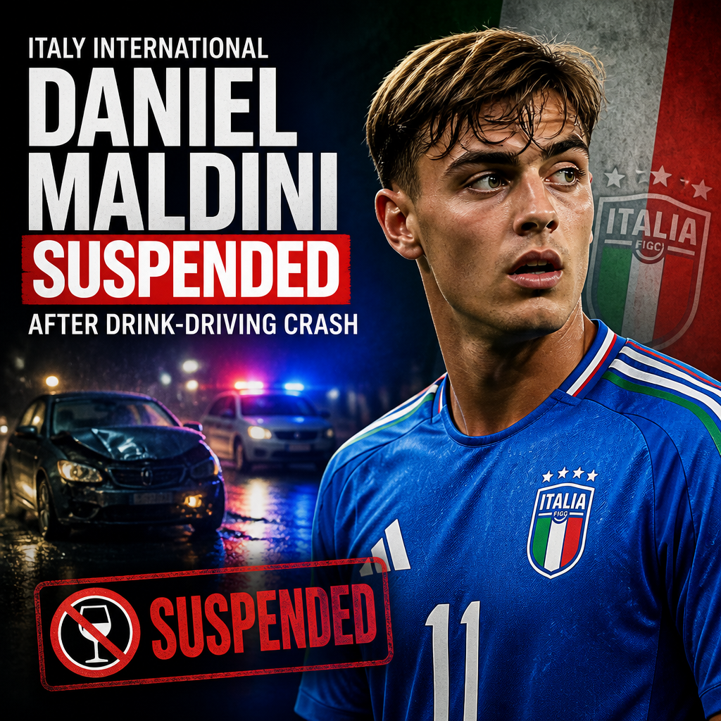 Italy international footballer Daniel Maldini in AC Milan jersey, facing suspension after a drink-driving incident.