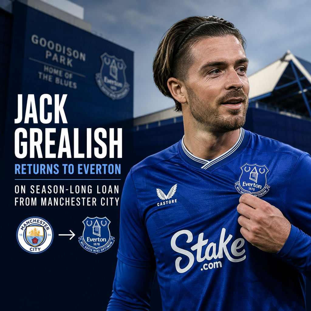 Jack Grealish in Everton kit celebrating on the pitch during a match.