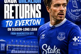 Jack Grealish in Everton kit on the pitch, celebrating during a football match.