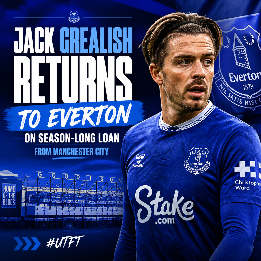 Jack Grealish in Everton kit on the pitch, celebrating during a football match.