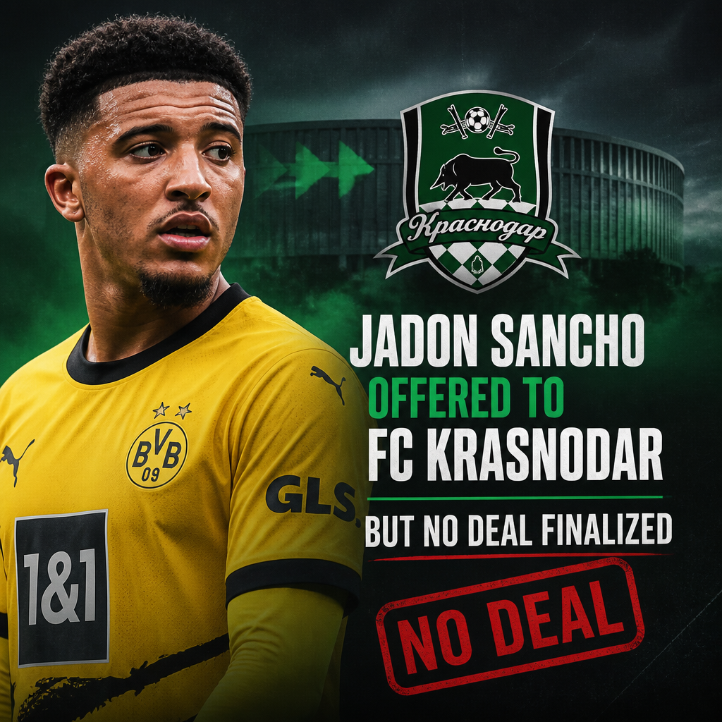 Jadon Sancho in a Manchester United jersey with FC Krasnodar logos in the background.
