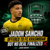 Jadon Sancho in Manchester United kit, with FC Krasnodar logo and transfer offer text in background.