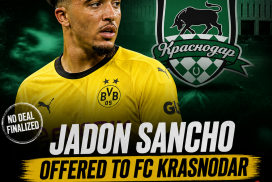 Jadon Sancho in Manchester United kit, with FC Krasnodar logo and transfer offer text in background.