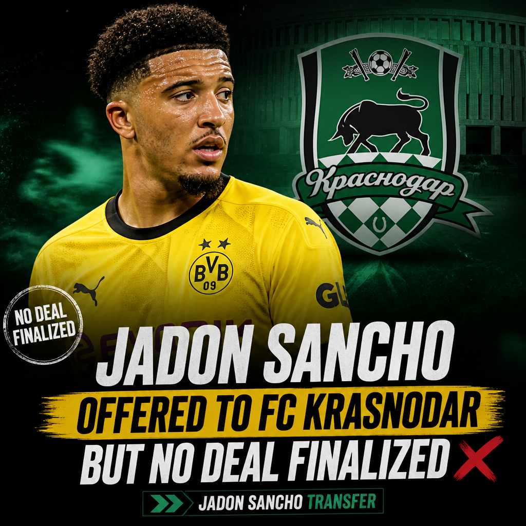 Jadon Sancho in Manchester United kit, with FC Krasnodar logo and transfer offer text in background.