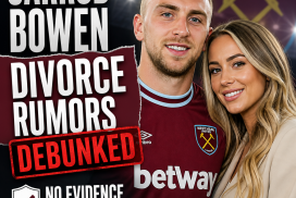 Jarrod Bowen smiling in a blue sports jersey, debunking divorce and split rumors with no evidence found.