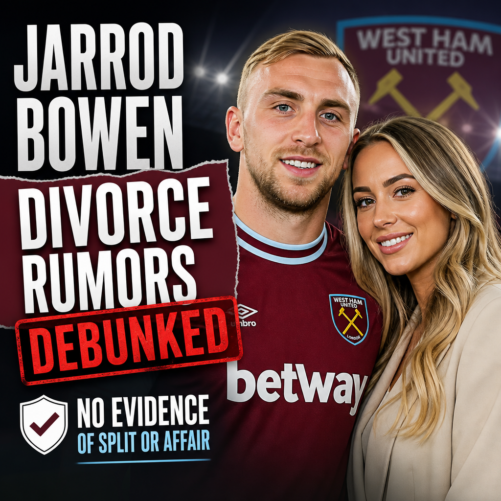 Jarrod Bowen smiling in a blue sports jersey, debunking divorce and split rumors with no evidence found.